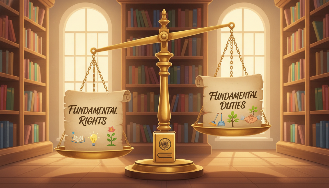 Editorial illustration for: Fundamental Rights vs. Fundamental Duties: Understanding Your Freedoms and Responsibilities in India