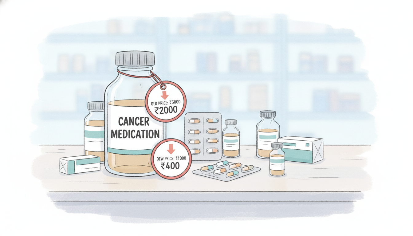 Editorial illustration for: Indian Government Reduces Prices of Many Cancer Drugs
