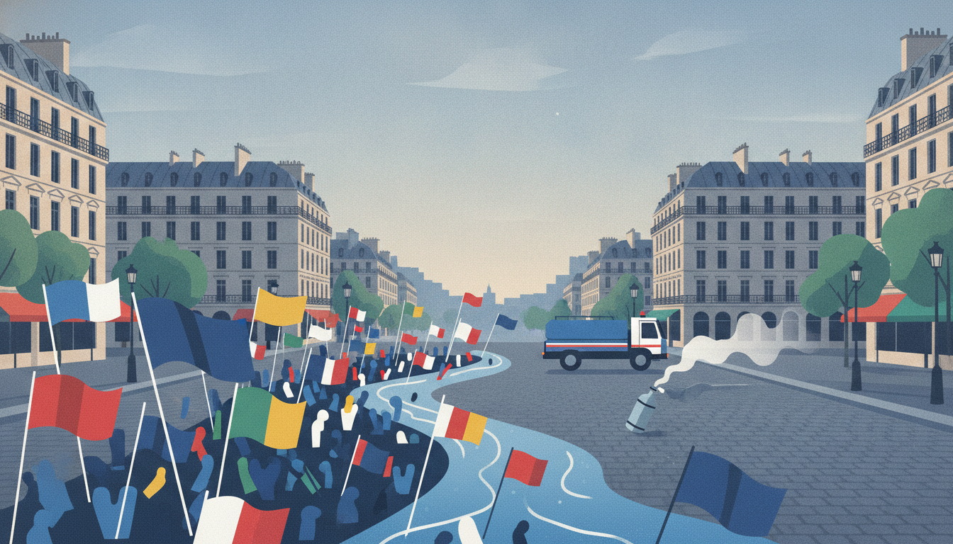 Editorial illustration for: Protests Across France: Thousands March, Police Respond to Clashes