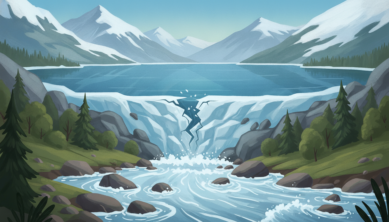 Editorial illustration for: Glacial Lake Outburst in Bhutan Prompts Flood Warnings in India